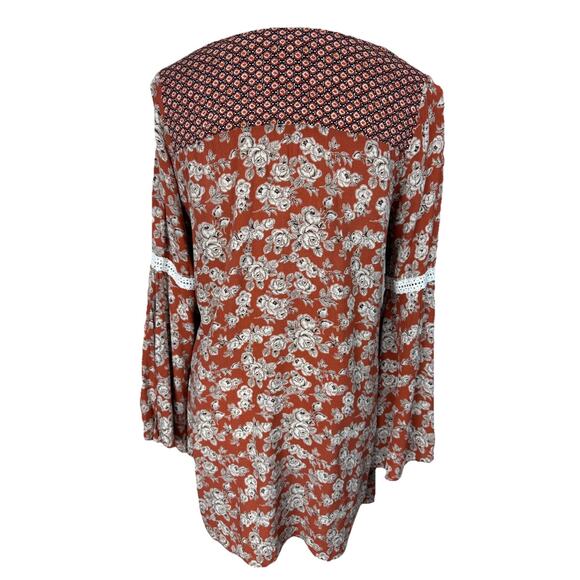 Women's Tunic Top Sz M Brown Floral 3/4 Sleeves Boho Cottagecore Hippie - Picture 7 of 15